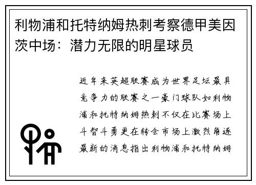 利物浦和托特纳姆热刺考察德甲美因茨中场：潜力无限的明星球员