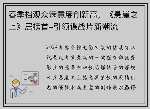 春季档观众满意度创新高，《悬崖之上》居榜首-引领谍战片新潮流