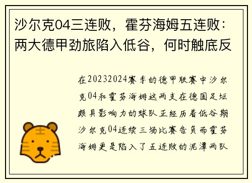 沙尔克04三连败，霍芬海姆五连败：两大德甲劲旅陷入低谷，何时触底反弹？